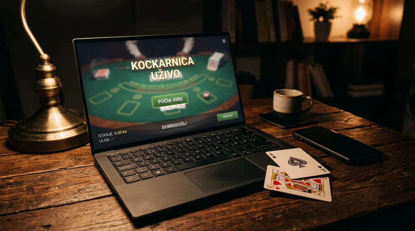 Laptop sa zelenom pozadinom na zaslonu i kartama za igranje na stolu